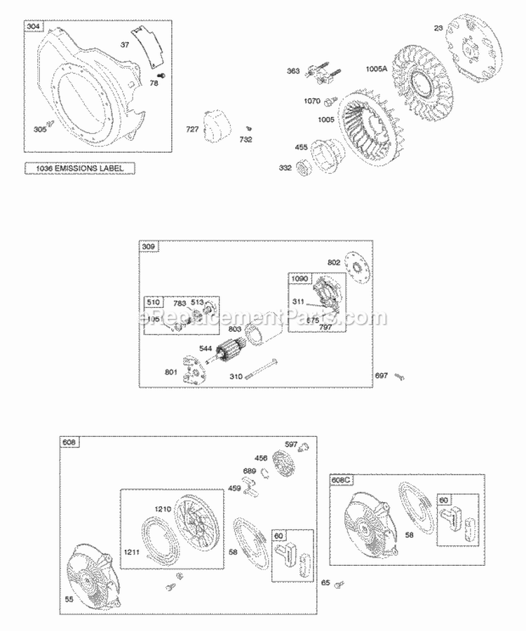 Blower Housing Electric Starter Flywheel Rewind Starter Diagram and Parts List for 12S252-0111-F8  Briggs and Stratton Engine